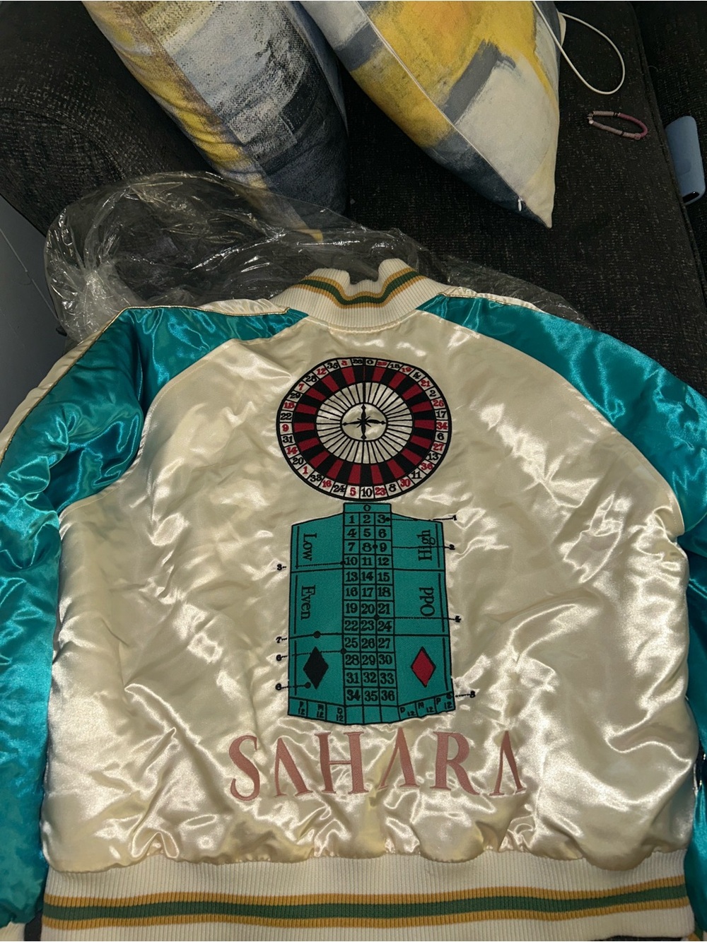 Rhude Cream & Teal Satin Varsity Jacket with Casino Back Embroidery